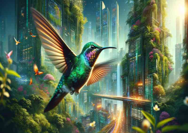 Hummingbird in flight set against a futuristic city