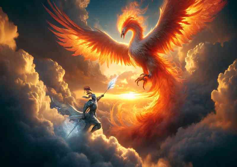 Knight battling a massive phoenix in the sky clouds swirling