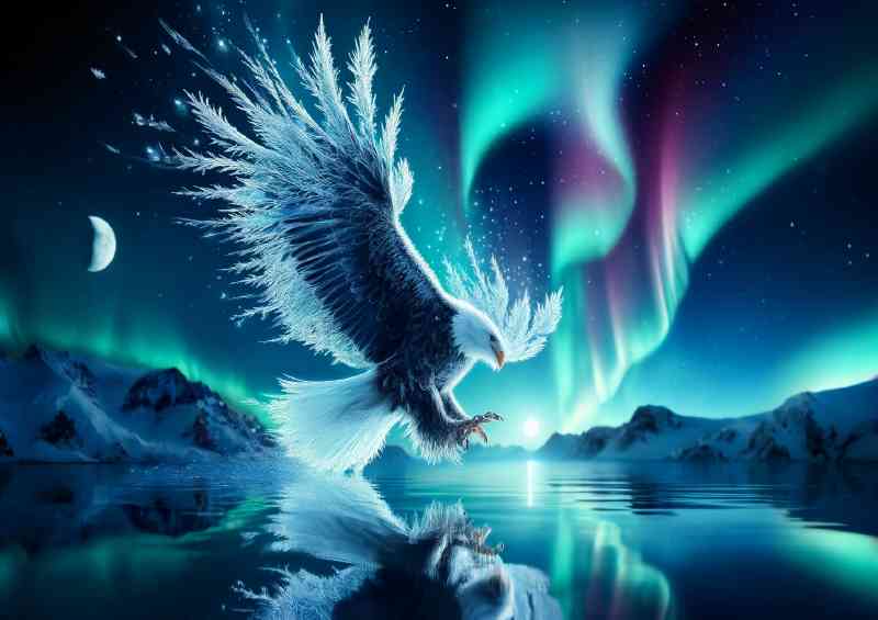 Majestic Eagle feathers crystallized with frost soaring above an icy