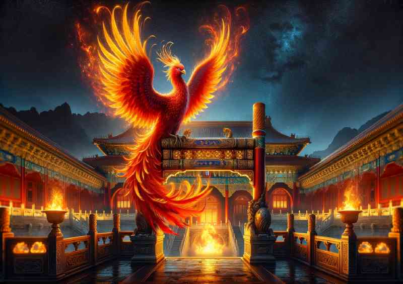 Majestic Phoenix perched atop a golden archway in a palace courtyard