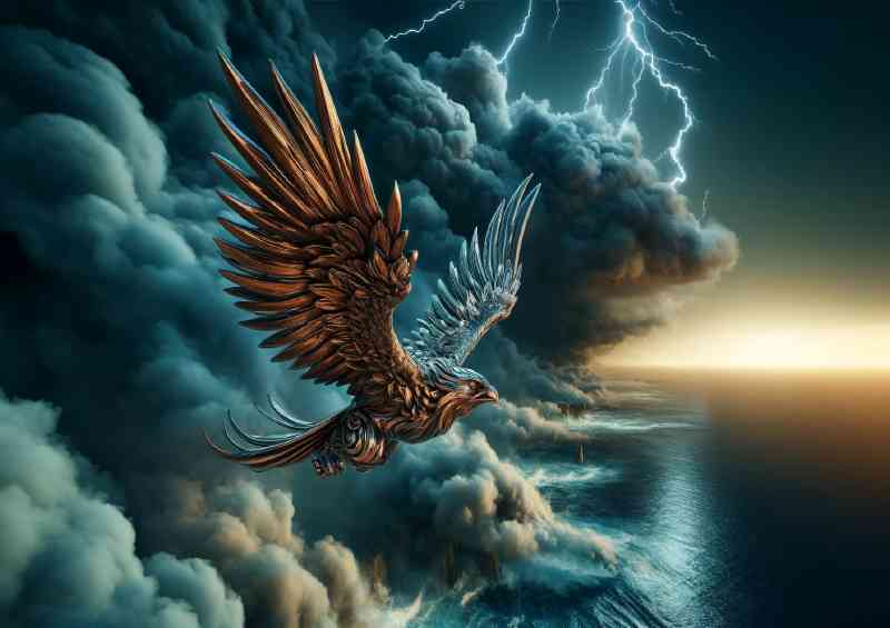 Metallic Eagle soaring over a stormy ocean