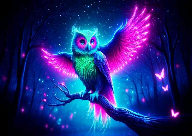 Mystical neon Owl its feathers glowing with vivid turquoise and pink hues