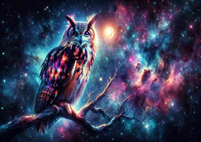 Owl perched on a moonlit branch with its feathers reflecting Nebula