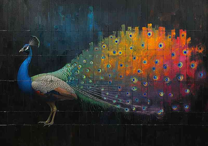 Painted peacock street art on a wall