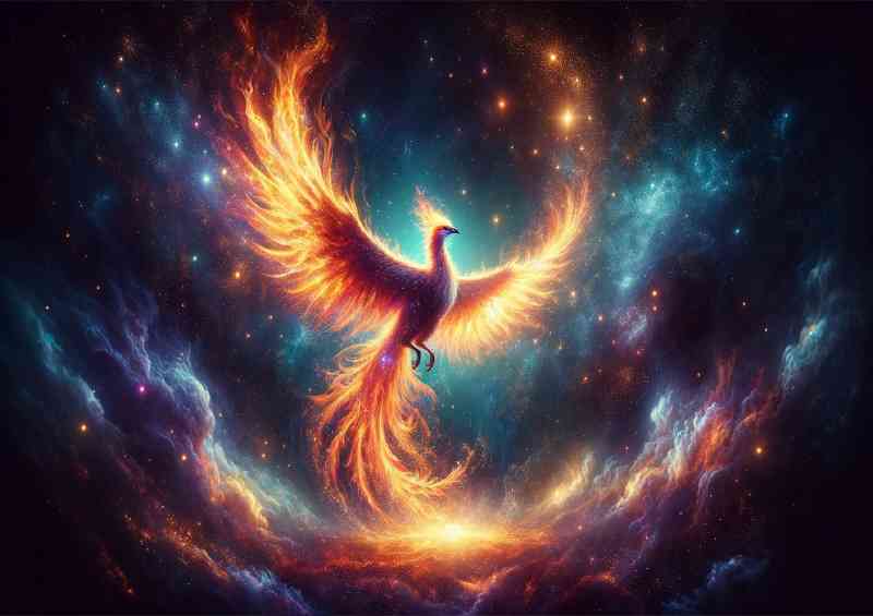 Phoenix rising from stardust flames and cosmic light