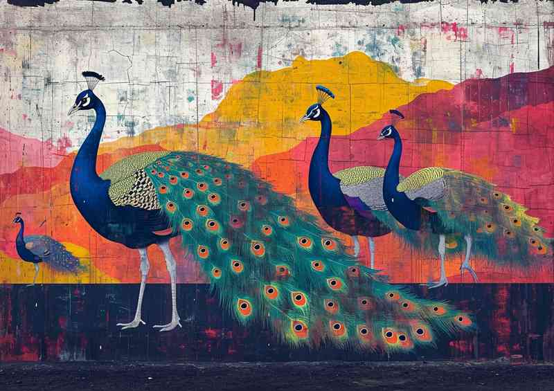 The painting has peacocks on a wall