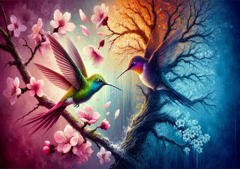 Two hummingbirds one radiating with vibrant spring colors