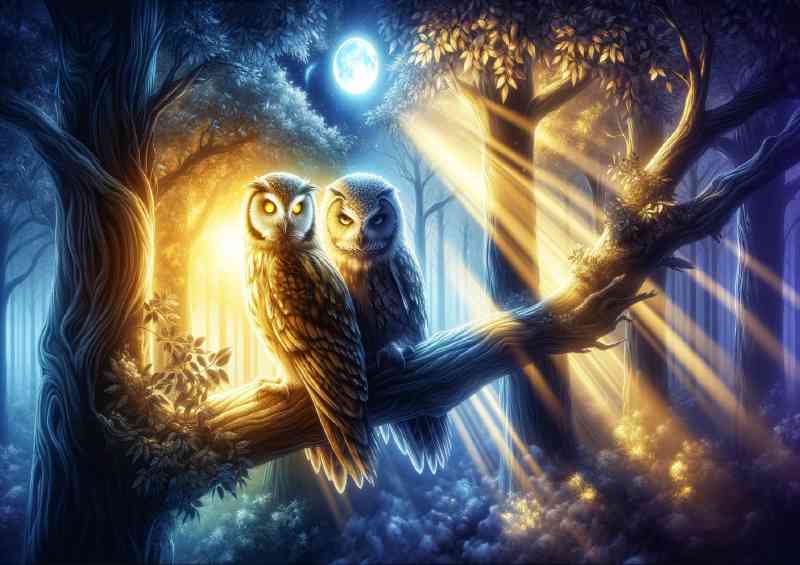 Two owls one glowing with golden sunlight