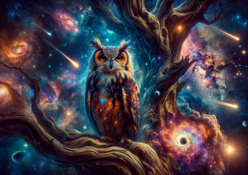 wise owl its feathers a nebulous deep space