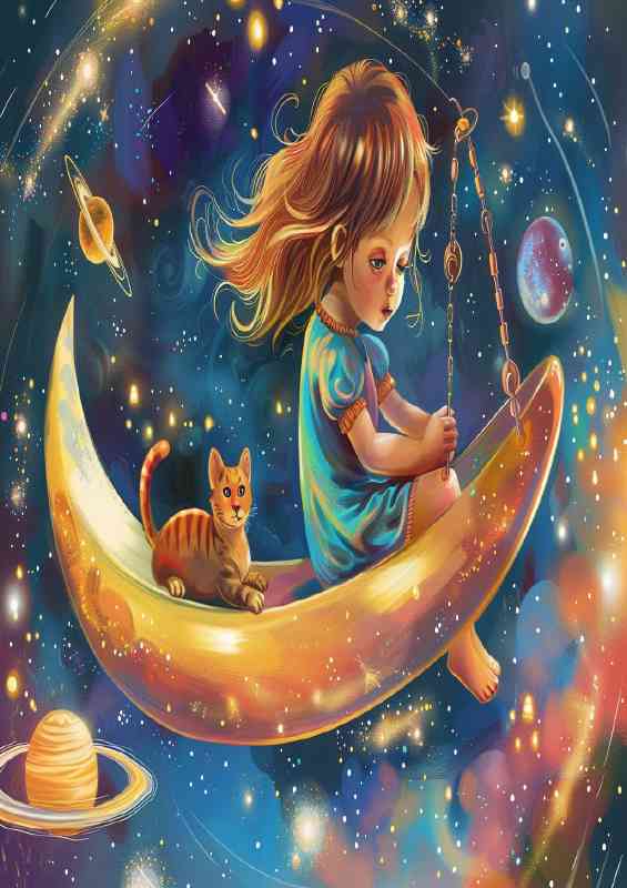 A Little girl and cat playing in space