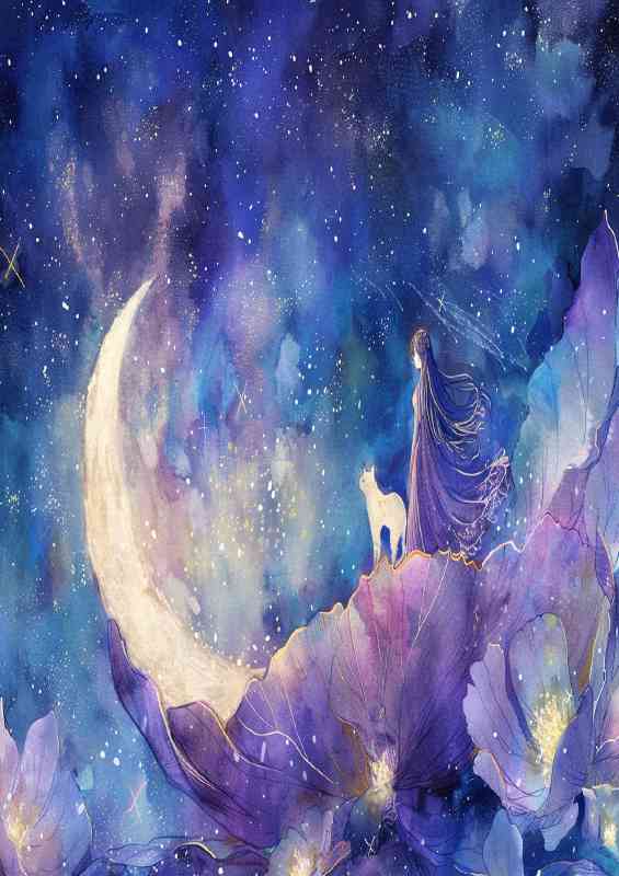 A Whimsical waterlilly and the moon white cat