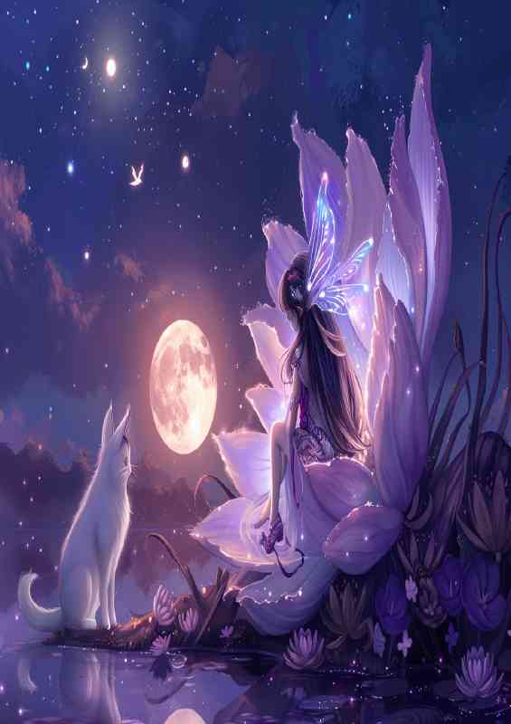 A beautiful fairy with long hair sits on the petal and cat
