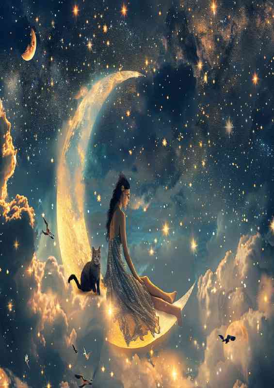 A beautiful woman crescent moon and black cat
