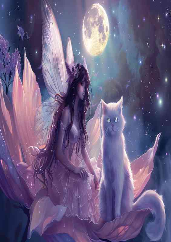 A fairy with long hair sits on the petal full moon with cat