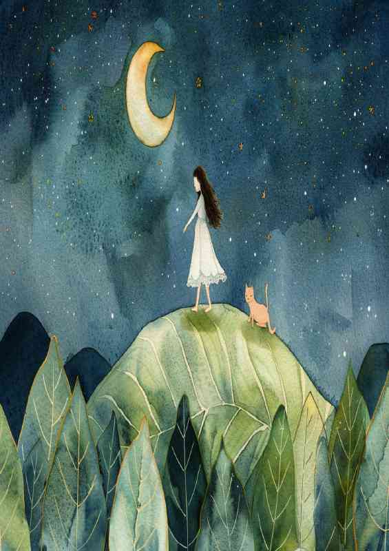 A girl in a white dress and cat is standing on a giant leaf