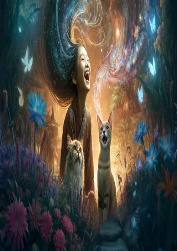 A girl laughing with two cats in an enchanting environment | Metal Poster