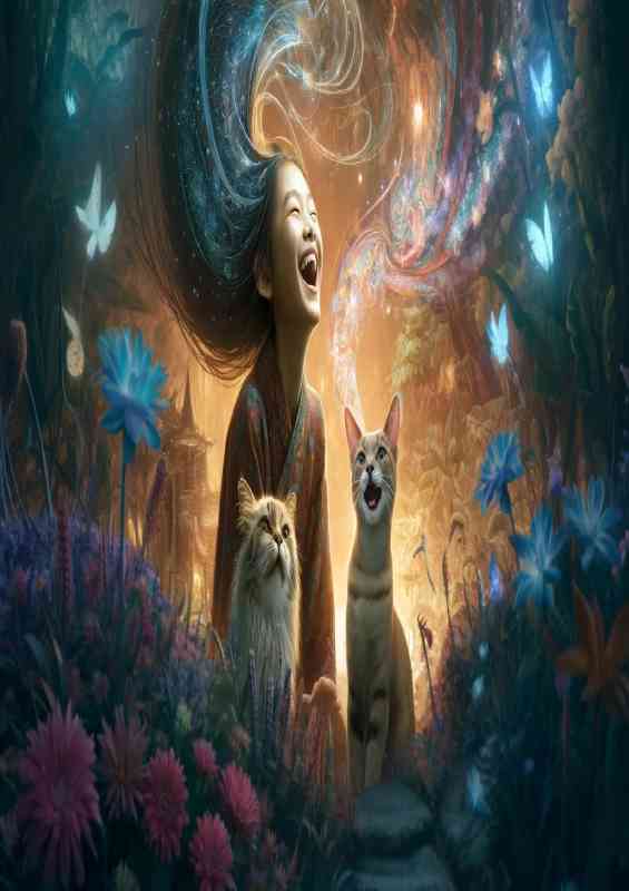 A girl laughing with two cats in an enchanting environment