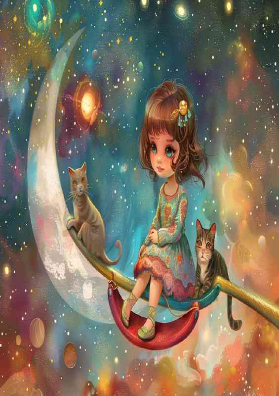 A little girl with her cats is sitting on the moon