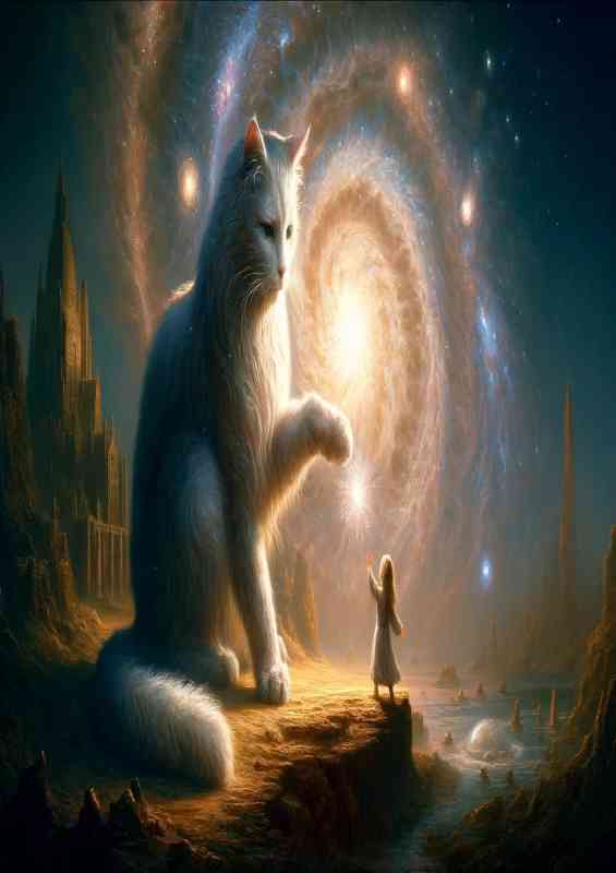 A majestic cat and a small girl reaching out to touch