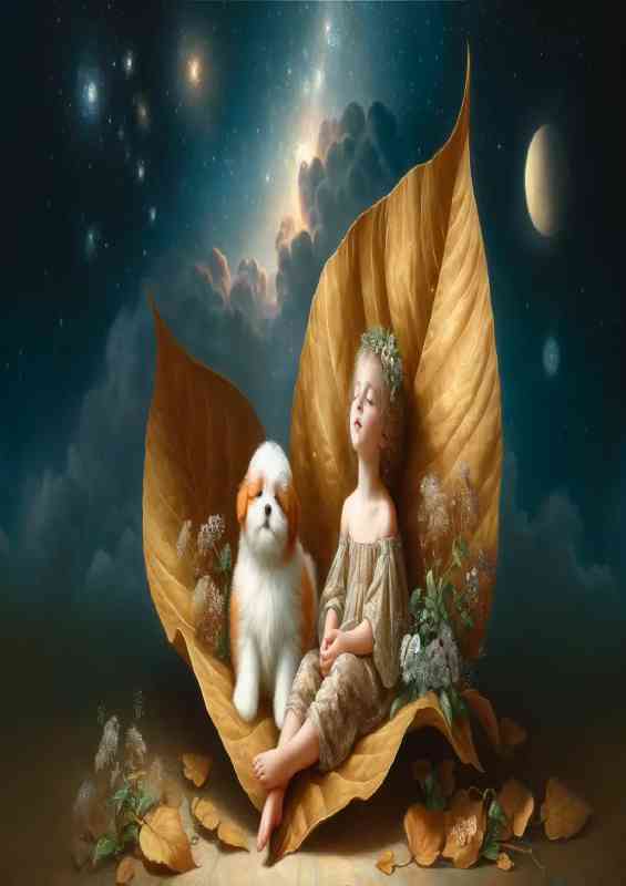 A serene child with closed eyes seated on a giant gold leaf