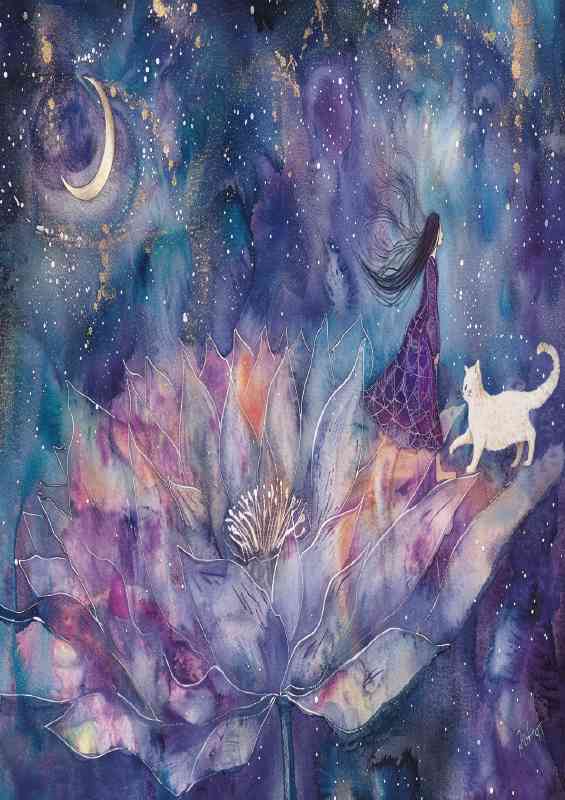 A whimsical water lilly on in the sky white cat