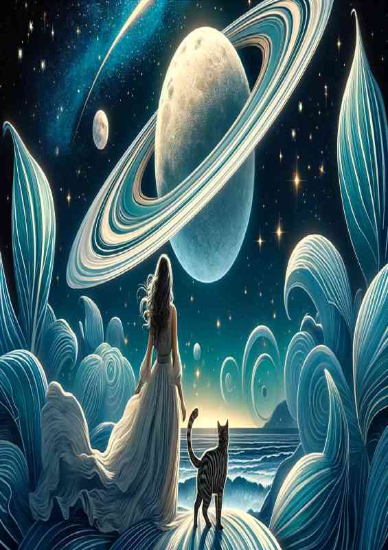A woman and cat in a flowing dress her gaze fixed on the planets
