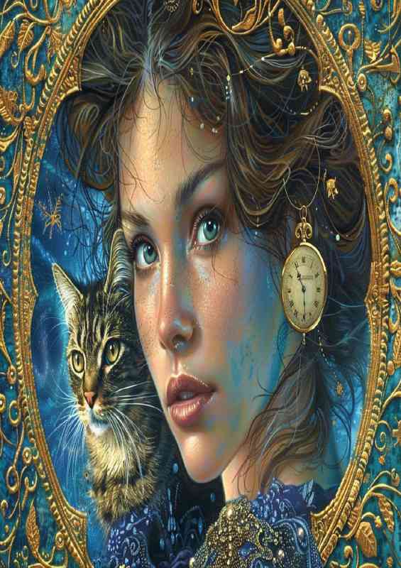 A woman with a cat and clock fantasy