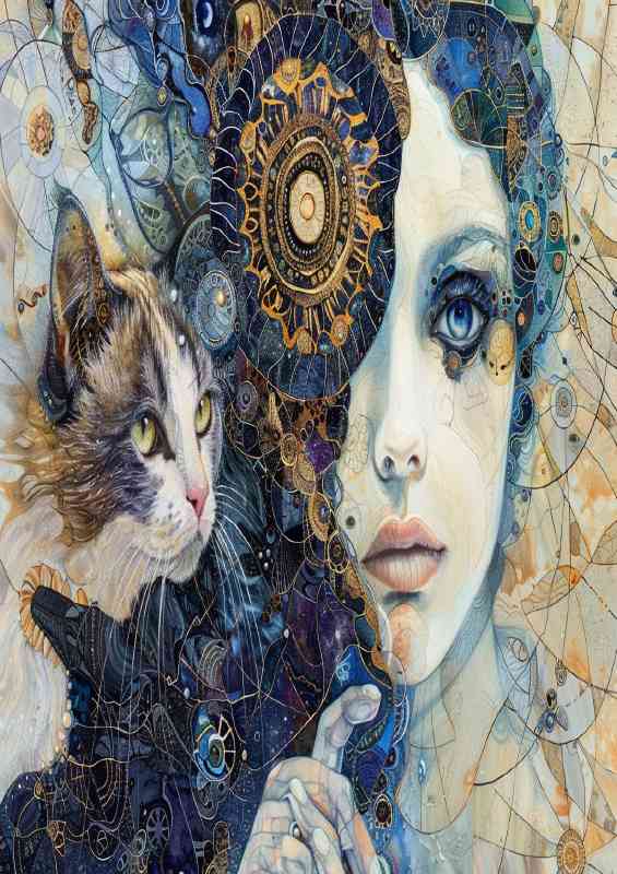 A woman with a cat next to her face in an abstract style