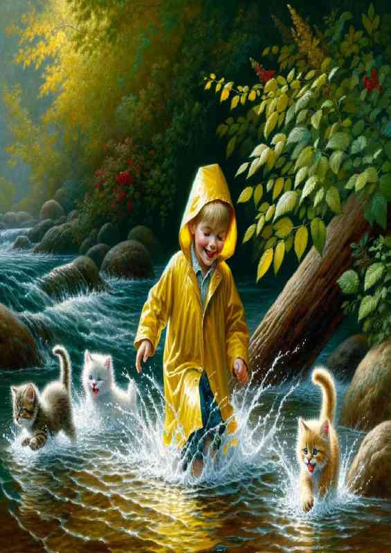 A young child in a yellow raincoat splashing in a creek