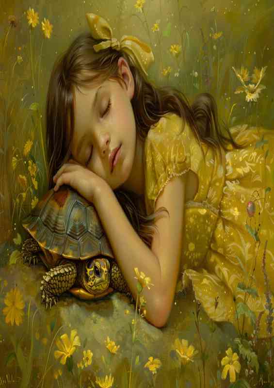 A young girl laying down with turtoise