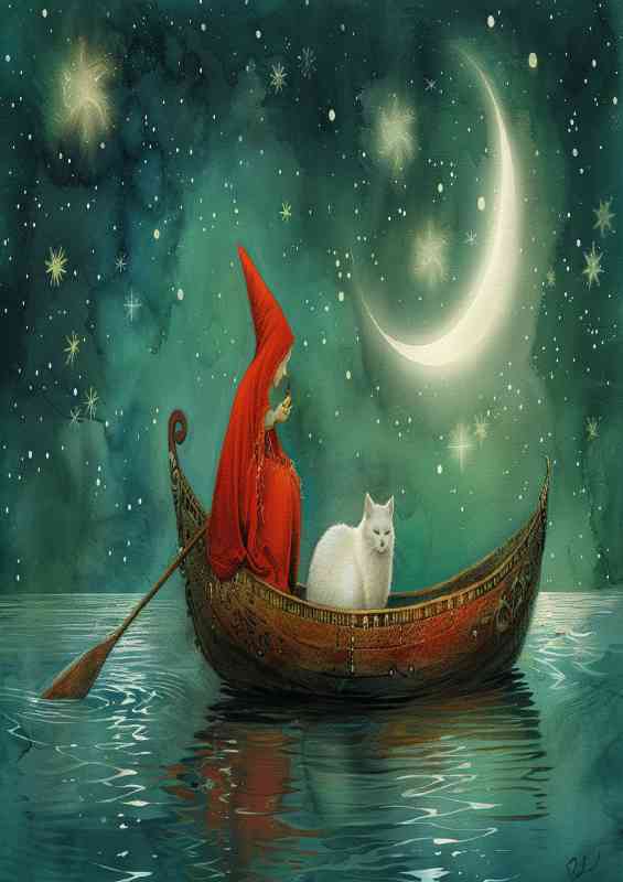 An elf in a red cape rowing a boat with a white cat