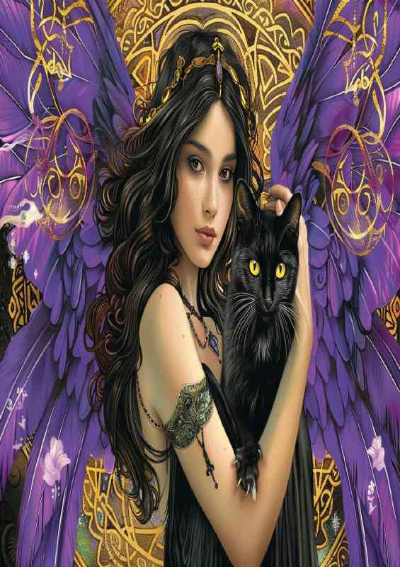 Beautiful woman with angel wings holding a black cat