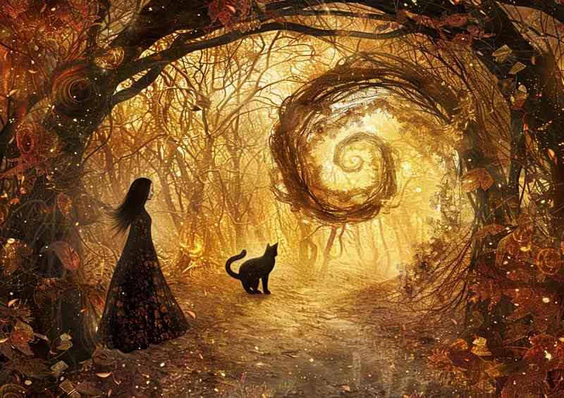 Cat and lady in the gold forest