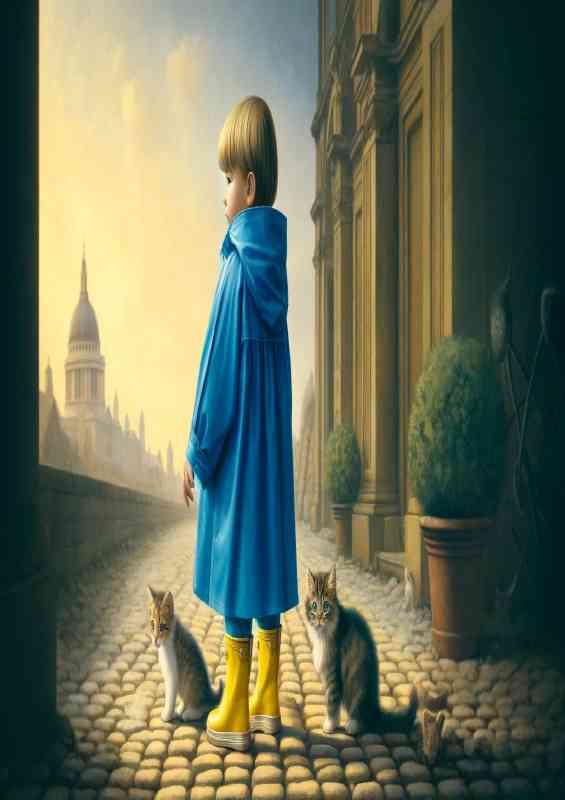 Child in a bright blue raincoat with kittens