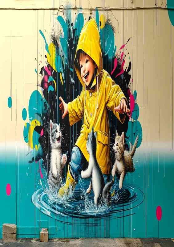 Child in a bright yellow raincoat playing with kittens