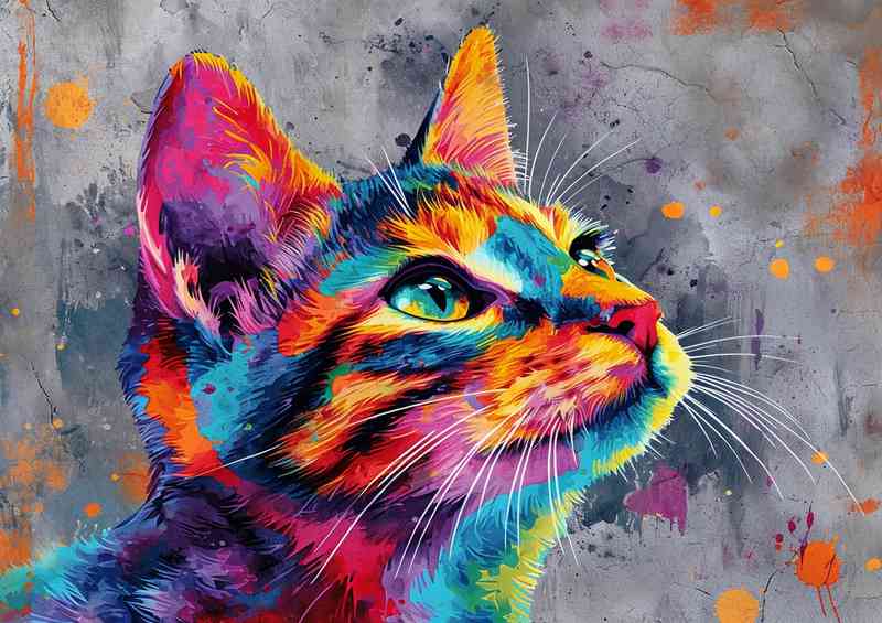 Colorful cat gazing with a grey background