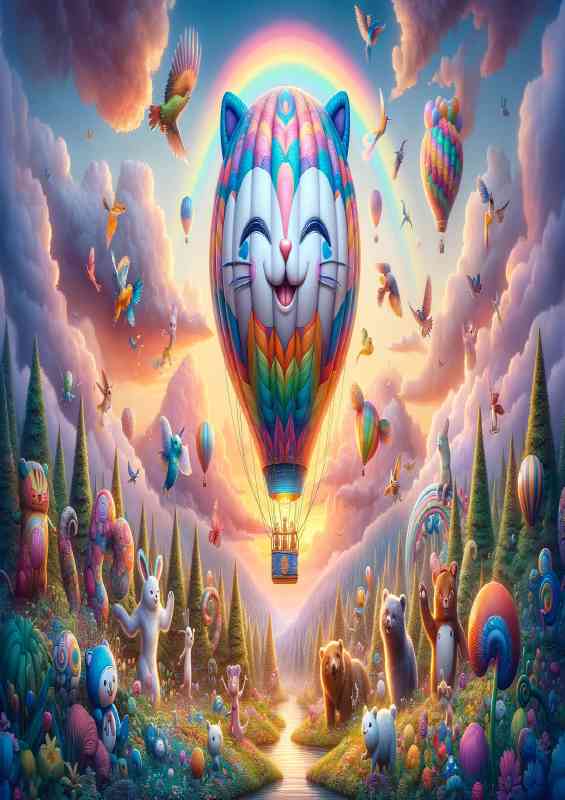 Colorful hot air balloon shaped like a giant smiling cat