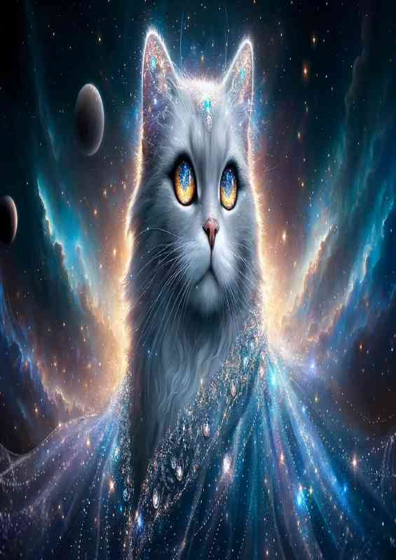Cosmic Cat with silver blue fur nestled among the stars