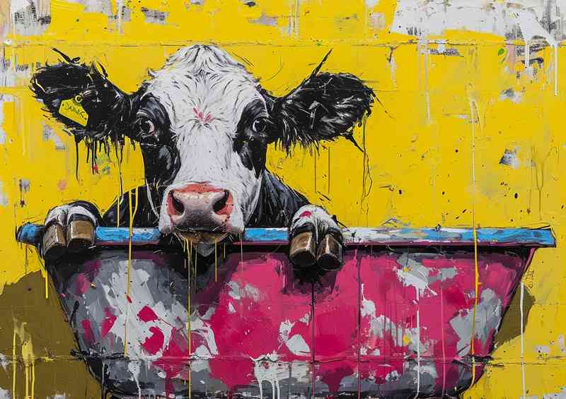 Dairy cow in a bath tub with yellow painted walls