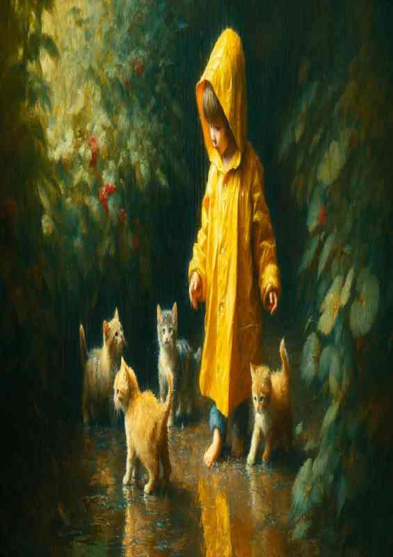 Depicting a child in a vibrant yellow raincoat and kittens at play