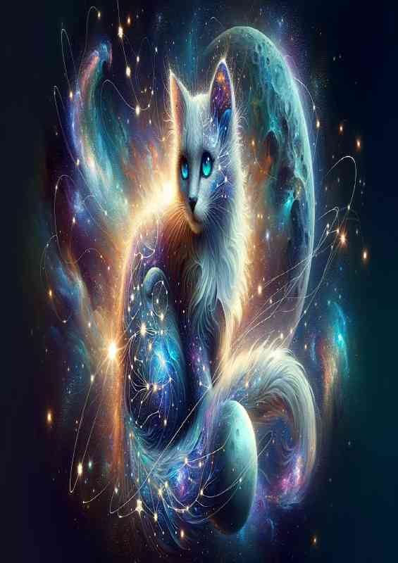 Ethereal cosmic Cat its fur interwoven with constellations