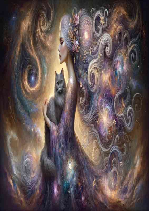 Ethereal woman with flowing hair filled with cosmic swirls stars