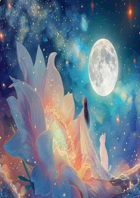Flowers in the sky with full moon and white cat