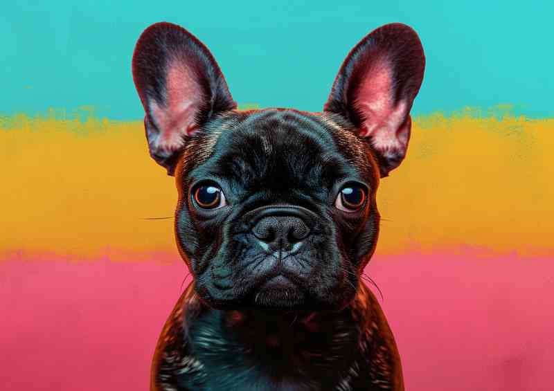 French buldog in a tri coloured background