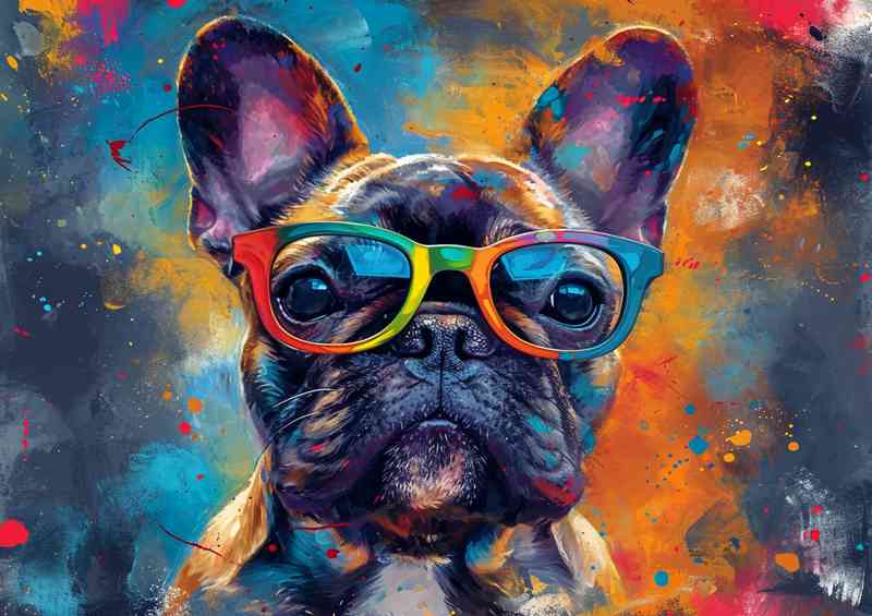 French buldog with his colourful glasses on