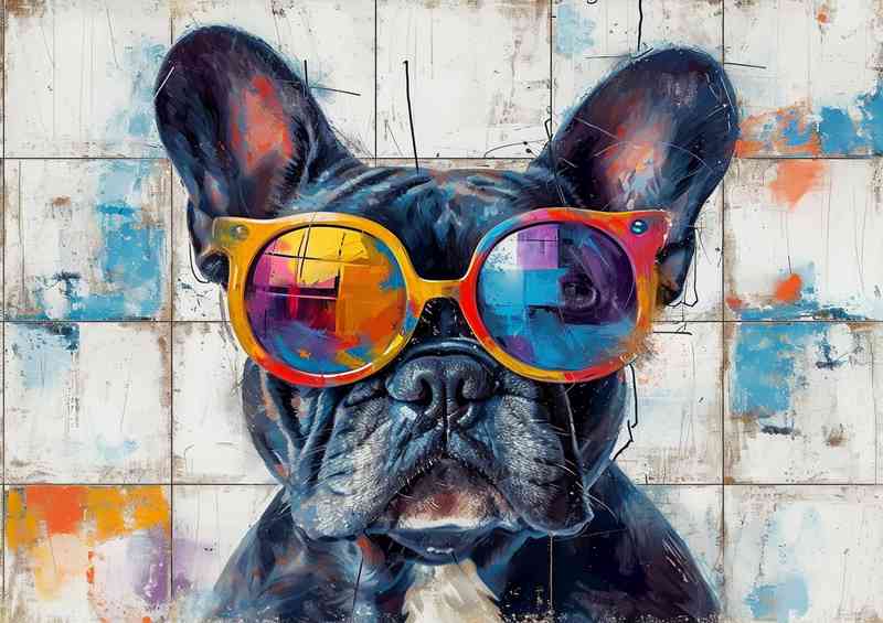 French bulldog wearing colorful glasses on a white background