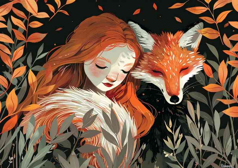 Girl and Fox with red hair sitting among leafs