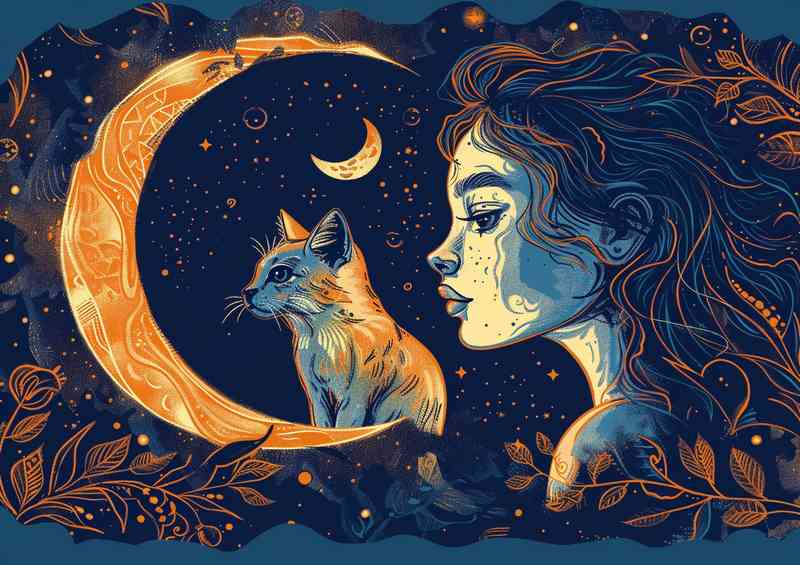 Girl and her Cat is in front of moon