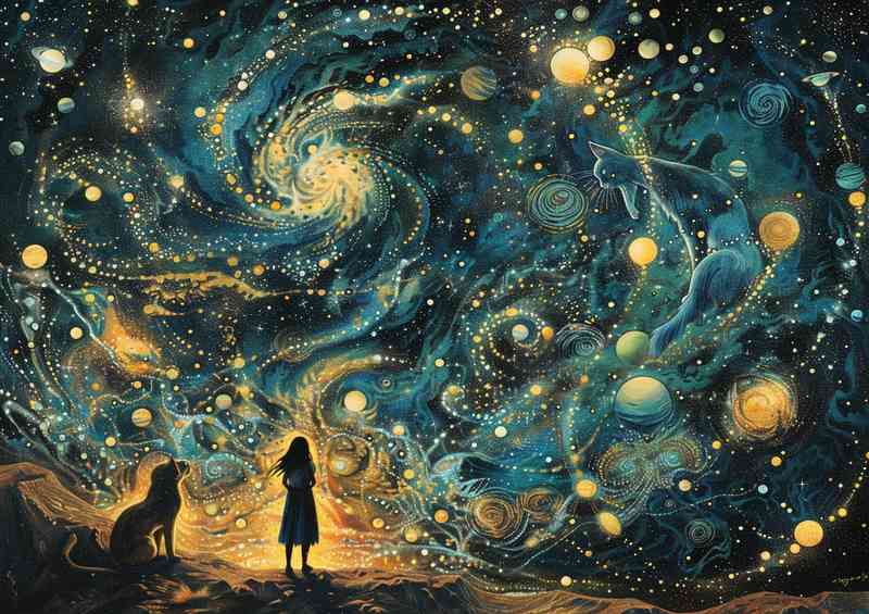 Girl is standing before a Cat with stars and planet