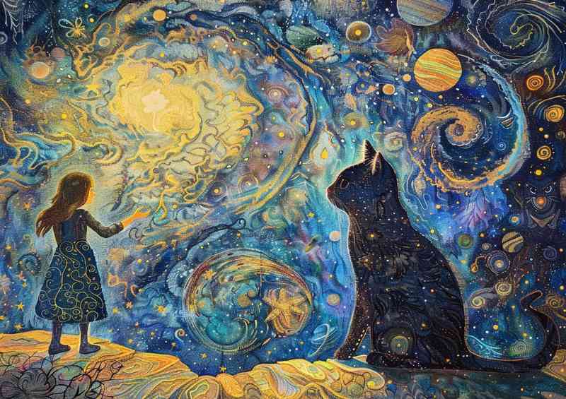 Girl is standing before a cat with stars and_planet